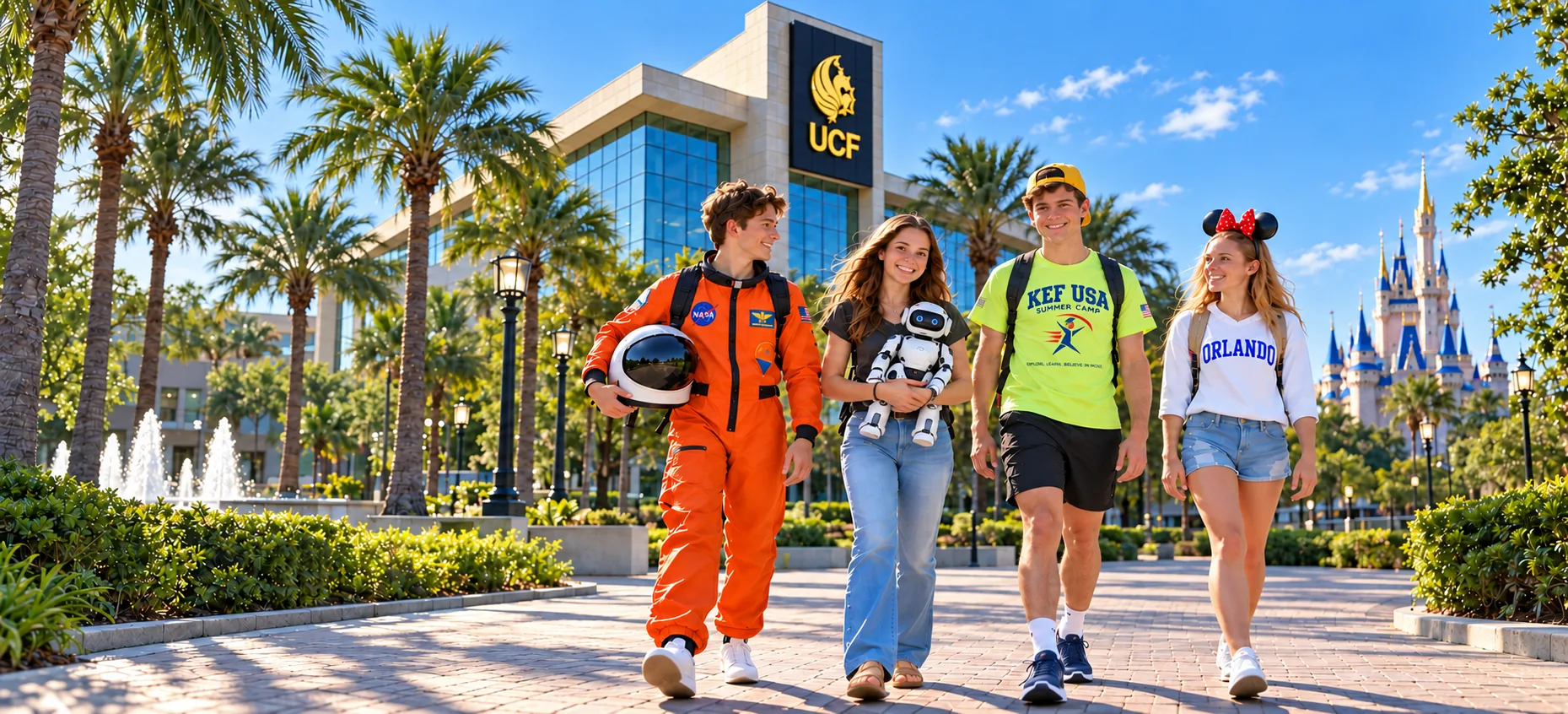 Four KEF USA students in astronaut, Orlando and KEF USA Summer Camp shirts walking past the UCF campus building, with Cinderella Castle in the distance